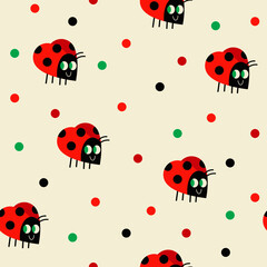 Seamless vector pattern with ladybirds and dots on the white background. Fun colorful pattern for kids.