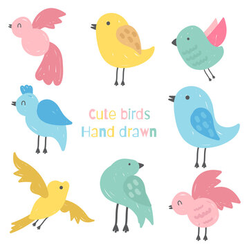 Cute birds in hand drawn style. Birds icons sketches. Doodle design. Vector illustration.