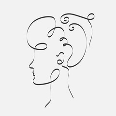 Abstract aesthetic illustration woman face, one line style drawing