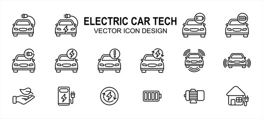 Electric vehicle car technology related vector icon user interface graphic design. Contains such icons as car, electric chord, charging, battery, low, fully charged, sensor, green energy, motor