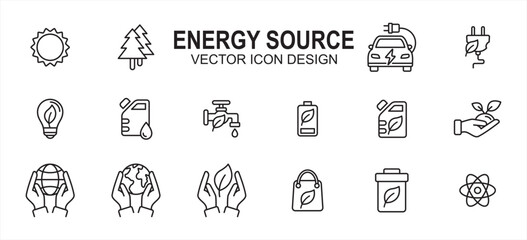 Energy miscellaneous source related vector icon user interface graphic design. Contains such icons as solar, tree, electric, renewable electric, water, fossil, oil, nature, earth, nuclear, compost