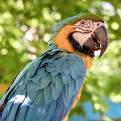 Tropical, exotic, talking,  macaw, parrot, bird, wildlife animal, perched in nature with vibrant colors and eyes looking at you.