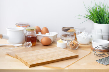 Cooking breakfast food or bakery with ingredient and copy space of chopping board background