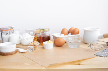 Selective focus.Cooking breakfast food or bakery with ingredient and copy space of wood table