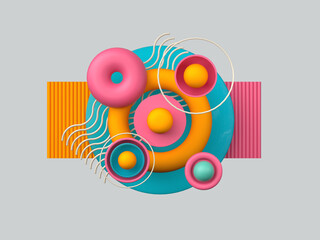 Abstract 3d rendering of geometric shapes. Composition with spheres. Modern background design for poster, cover, branding, banner, placard.