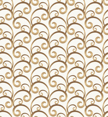 Fototapeta na wymiar Vintage gold scroll pattern with floral swirls in rococo style. Golden seamless texture on white background. 