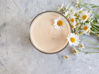 glass of milk drink, chamomile flower on a concrete background, fermented