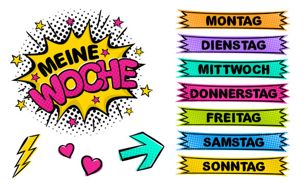 German Weekday labels. Set of comic stickers for week planner. Title of the Days of the Week in pop art style. Cartoon Vector illustration for Germany or Austria. Translation: Days of the week