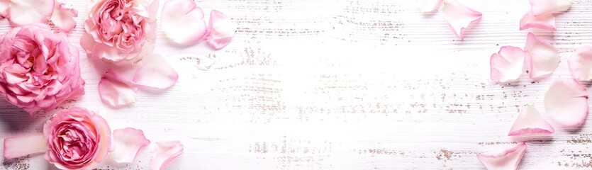 Flowers composition. Rose flower petals on wooden background