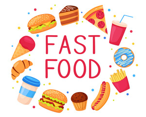 Vector illustration of fast food in cartoon style. Round frame from American food. Isolated on white background.
