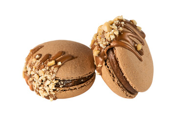 Two chocolate french macarons with nuts
isolated on white background.