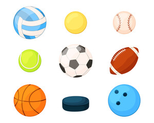 Vector set of sports balls. Collection of sports equipment in cartoon style. Insulated on white background
