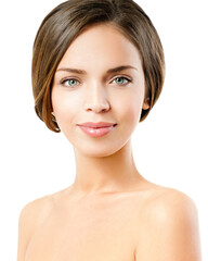 Fototapeta premium Beautiful face of young adult woman with clean fresh skin. Fashion Model Girl Face. Perfect Skin. Professional Makeup.