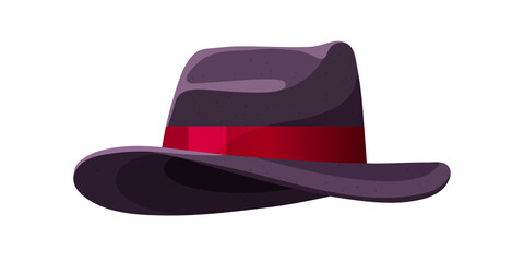 Men's hat. Headdress with a wide brim. Gangster wide-brimmed hat. Fashionable. Red silk ribbon. Vector illustration.