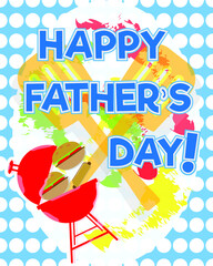 Happy Father's Day barbeque theme vector illustration on a blue polka dot seamless pattern. Icons include hamburgers, hotdogs, spatula and grill.