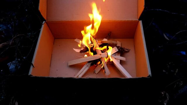 Fire in the cardboard box on dark background. Fireplace in the night forest. Inflammation flame in the safety bound