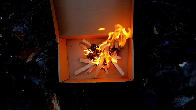 Fire in the cardboard box on dark background. Fireplace in the night forest. Inflammation flame in the safety bound