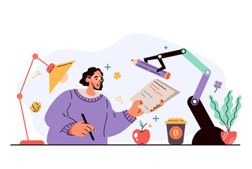 Man worker character working with robot assistant together as team concept. Vector flat cartoon modern style graphic illustration