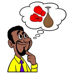 Man thinking about Boxing - A cartoon illustration of a man thinking about Boxing for fitness. 