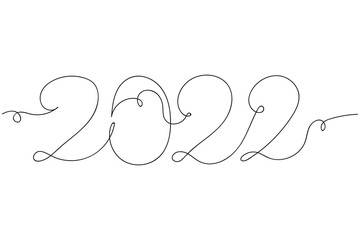 Continuous one line of happy new year 2022 in silhouette. Linear stylized. Minimalist.