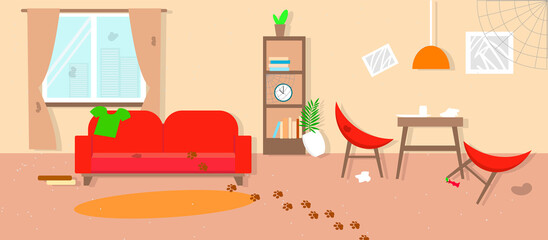 Dirty living room in beige color before cleaning. Tiding service. Flat style. Vector stock illustration