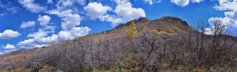 Rocky Mountains landscape views from Grandeur Peak hiking trail, Bonneville Shoreline Pipe Line Overlook Rattlesnake Gulch trail, Wasatch Front, by Salt Lake City, Utah. United States. USA