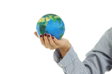 Woman hand holding  earth globe isolated on white background.