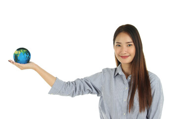 Portrait of smiling young beautiful Asian woman with long dark brown hair holding  earth globe isolated on white background.