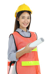 Portrait of smiling young beautiful Asian female engineer with long dark brown hair wearing safety helmet, holding blueprint isolated on white background.