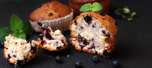 cutaway  blueberry muffin, homemade baking