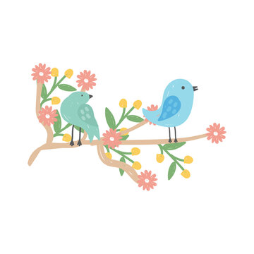 Cute birds on branch. Hand drawn style. Birds with flowers. Vector illustration.