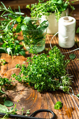 Aromatic Fresh Thyme or Thymus Herb on Wooden Table