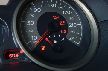 Car dashboard with different glowing indicators