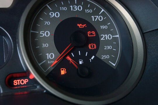 Car dashboard with different glowing indicators