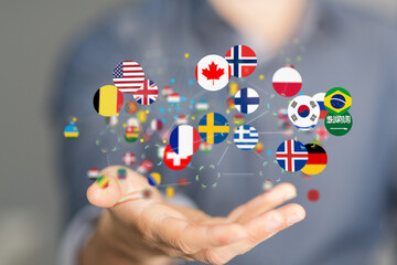 Global communication and international messaging concept, national flags of world