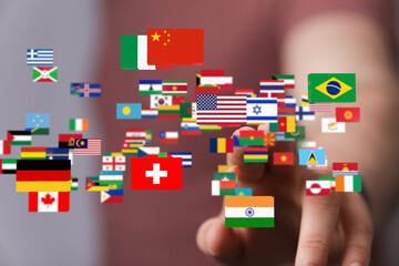 Global communication and international messaging concept, national flags of world