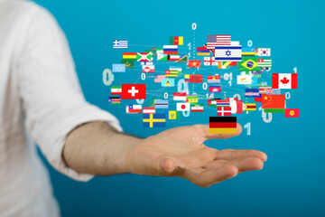 Global communication and international messaging concept, national flags of world