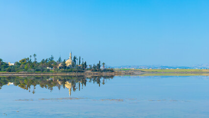  Hala Sultan Tekke is reflecting on water at Larnaca Salt lake, Cyprus