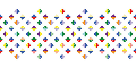 Seamless vector pattern border with four leaf clover symbols in rainbow colours. Regularly repeating geometric flower shapes for fabrics, prints and themed stationery.