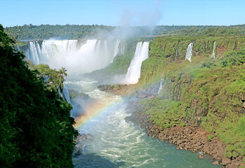 Spectacular View of Powerful Iguazu Falls at Brazilian Side with a Rainbow, Foz do Iguacu, Brazil, South America
