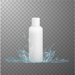White plastic hdpe bottle mockup and water splash effect. Vector eps10