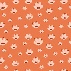 Random little pink doodle flowers silhouettes seamless pattern. Orange background. Decorative print.