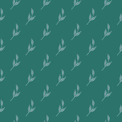 Nordic seamless pattern with doodle simple twigs ornament. Green background. Decorative print.