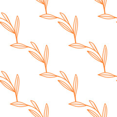 Hand drawn seamless botanic pattern with outline leaf branches silhouettes. Orange ornament. Isolated print. © smth.design