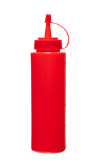 red plastic bottle with dispenser for different sauces on white background