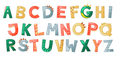 Cartoon cute Dinosaur alphabet. Dino font with letters. Children Vector illustration for t-shirts, cards, posters, birthday party events, paper design, kids and nursery design