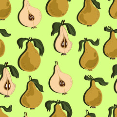 Pears with leaves, whole and chopped. Pear  seamless pattern. Background for wallpaper, fabric, paper, scrapbooking, menu and packaging
