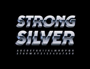 Vector Strong Silver 3D Alphabet. Glossy metallic Font. Modern iron Letters and Numbers set