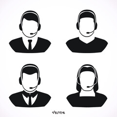 Vector set of call-center operators in headsets. Vector business flat illustration. 