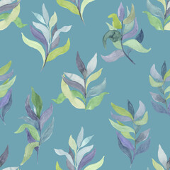 watercolor twigs with leaves of different colors on a colored  background vector seamless pattern